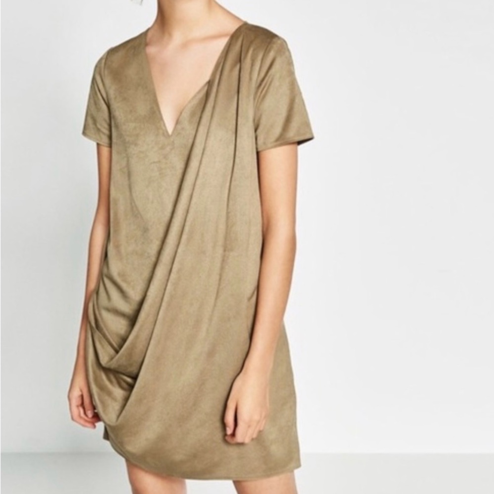 Zara Beige Draped Faux Suede Mini Dress Perfect for Fall